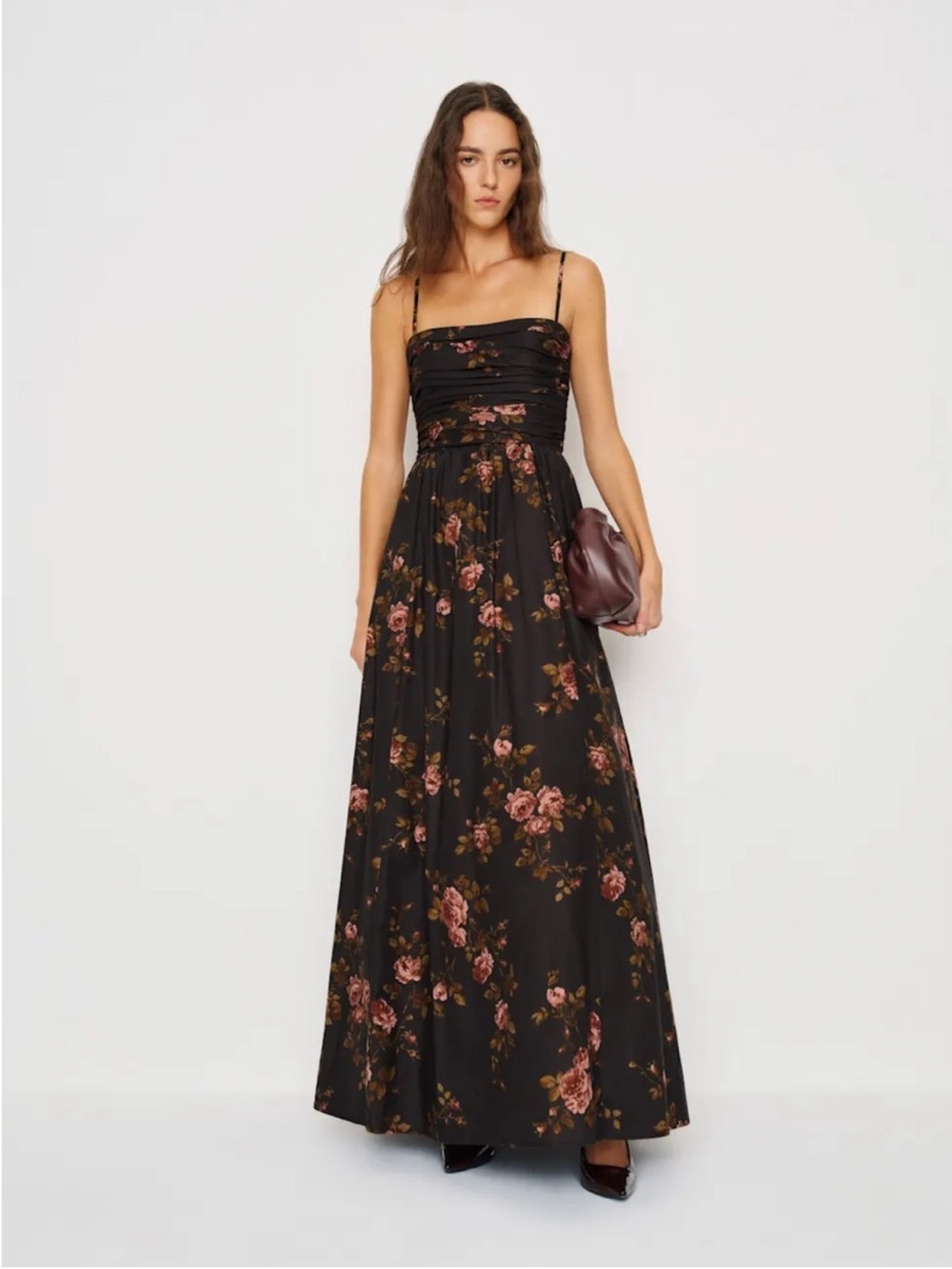 Reformation Black Maxi Dress with Pink Rose Print kastoria USA 8 - Picture 2 of 5